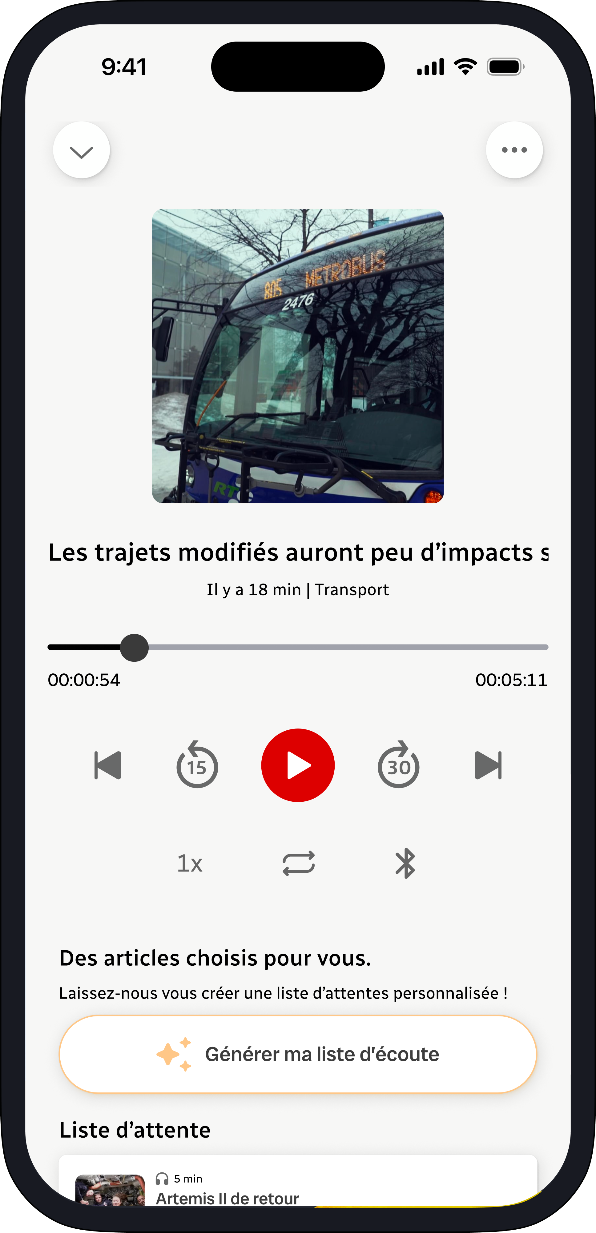 Mode audio augmenté avec contrôles avancés et liste d'écoute