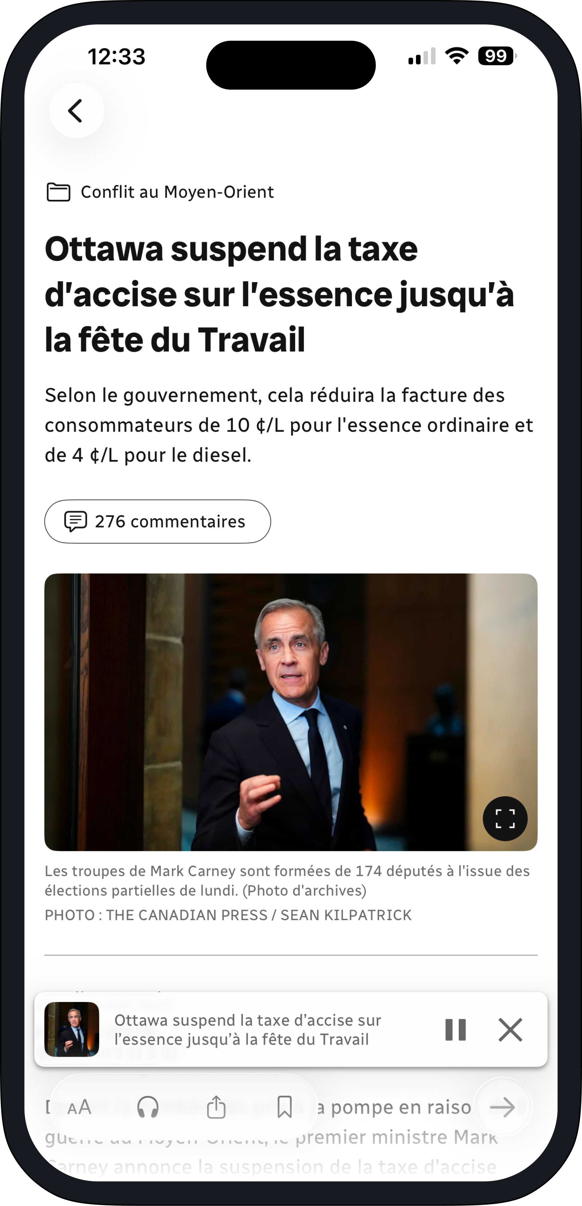 Lecture audio actuelle, limitée à la lecture d'articles