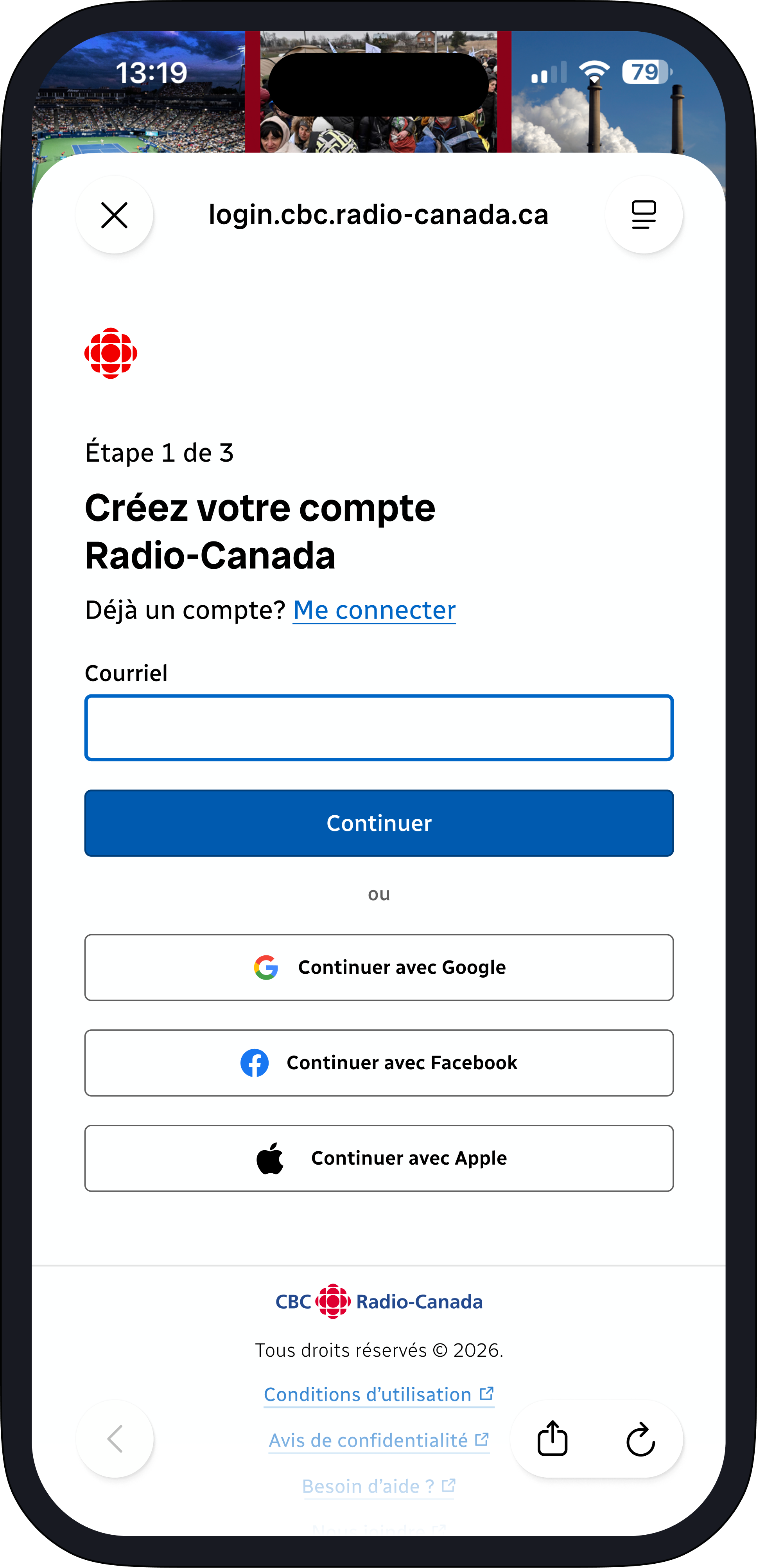 Création de compte avec connexion Google, Facebook ou Apple