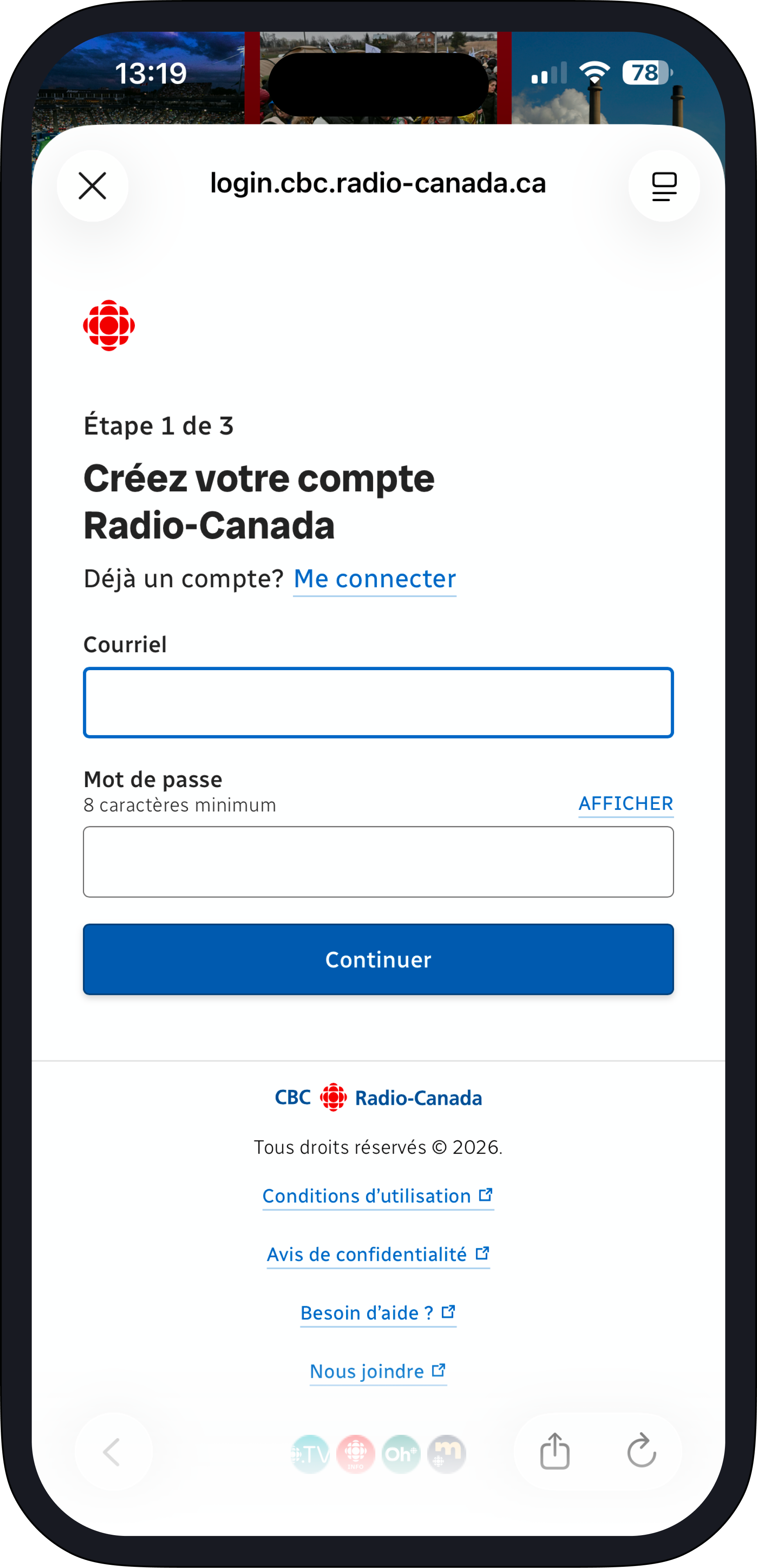 Création de compte actuelle, avec courriel et mot de passe