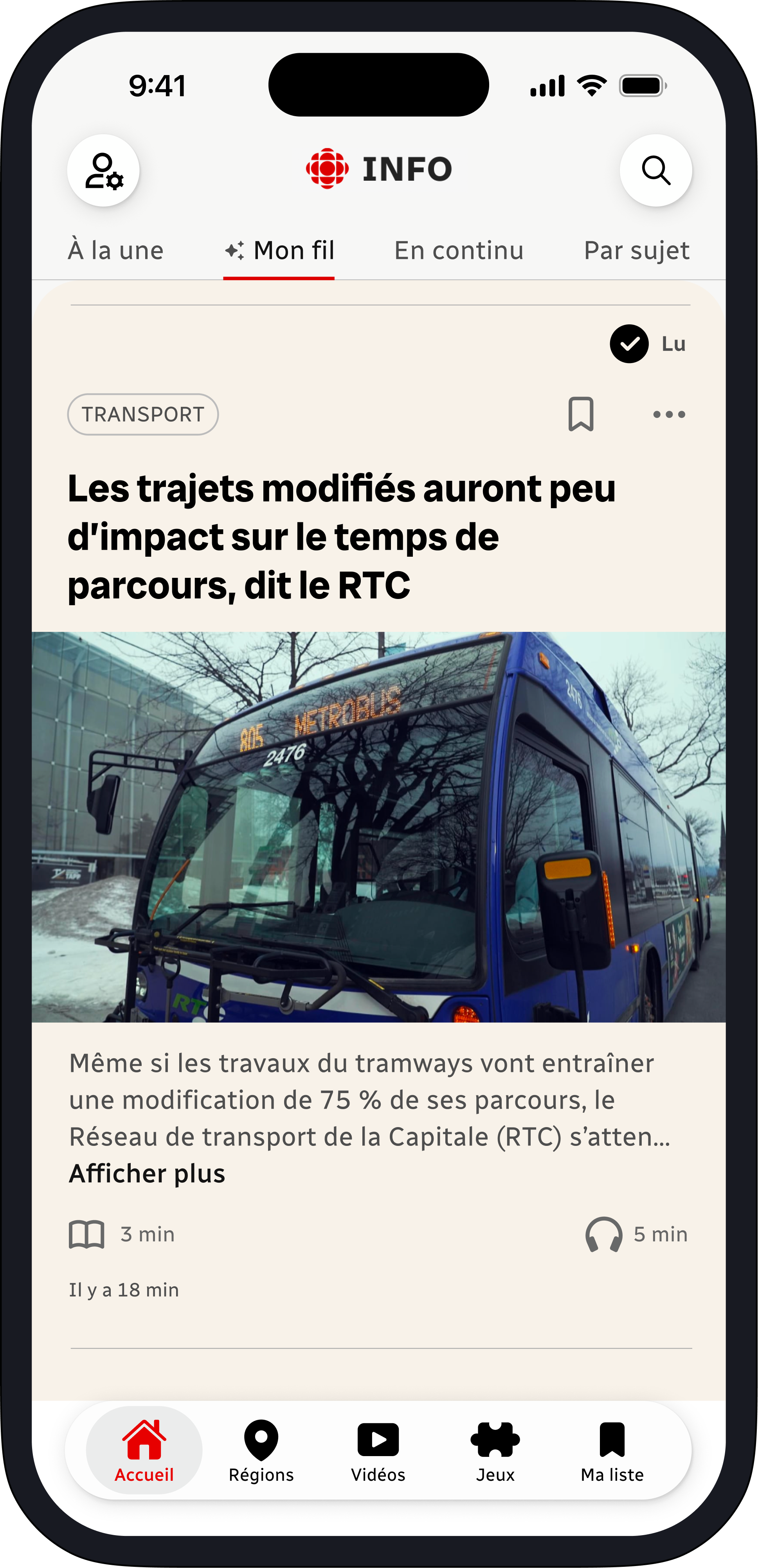 Fil d'actualité avec résumé enrichi, temps de lecture, indicateur de lecture et audio intégré