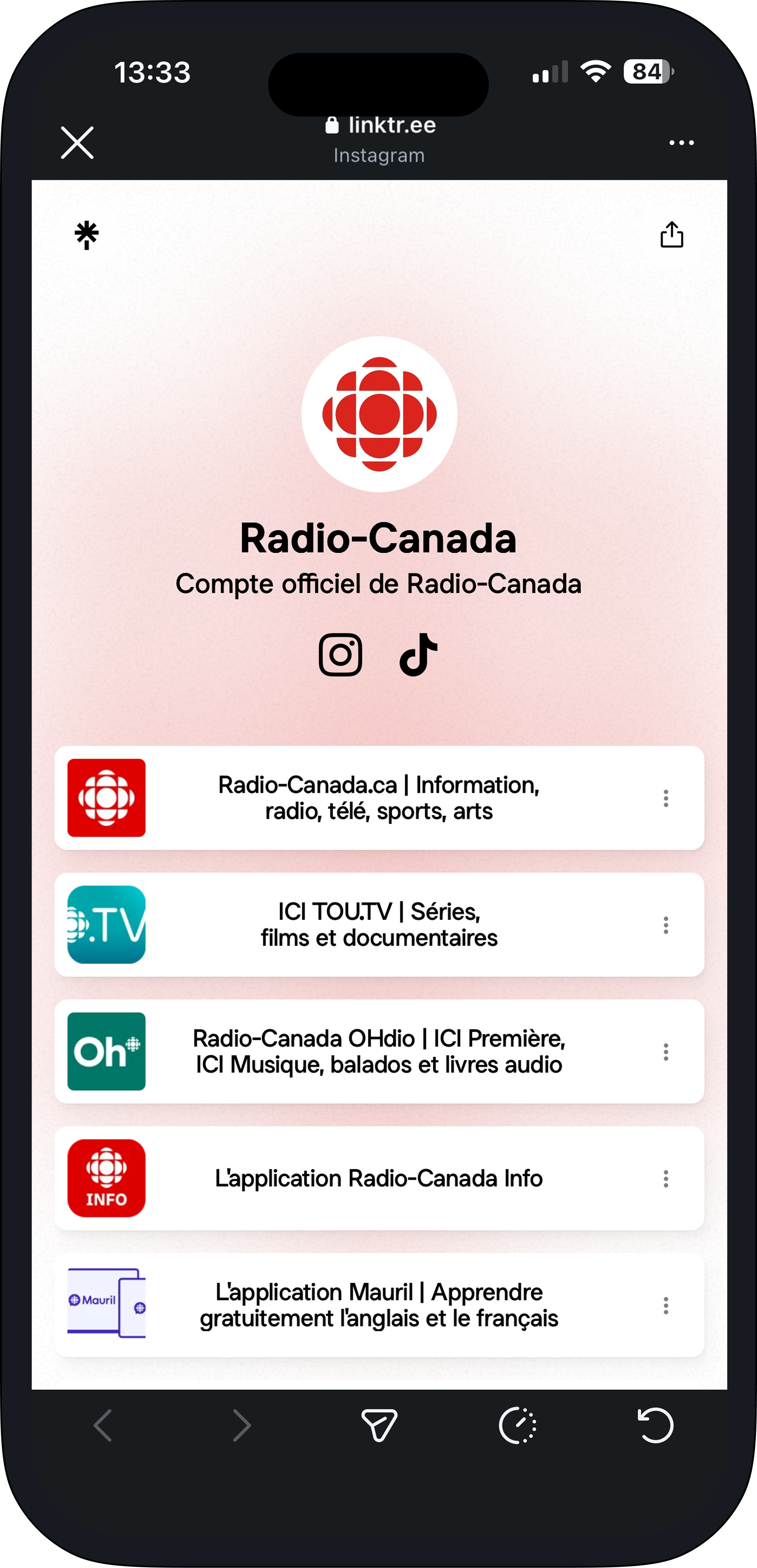 Linktree actuel de Radio-Canada