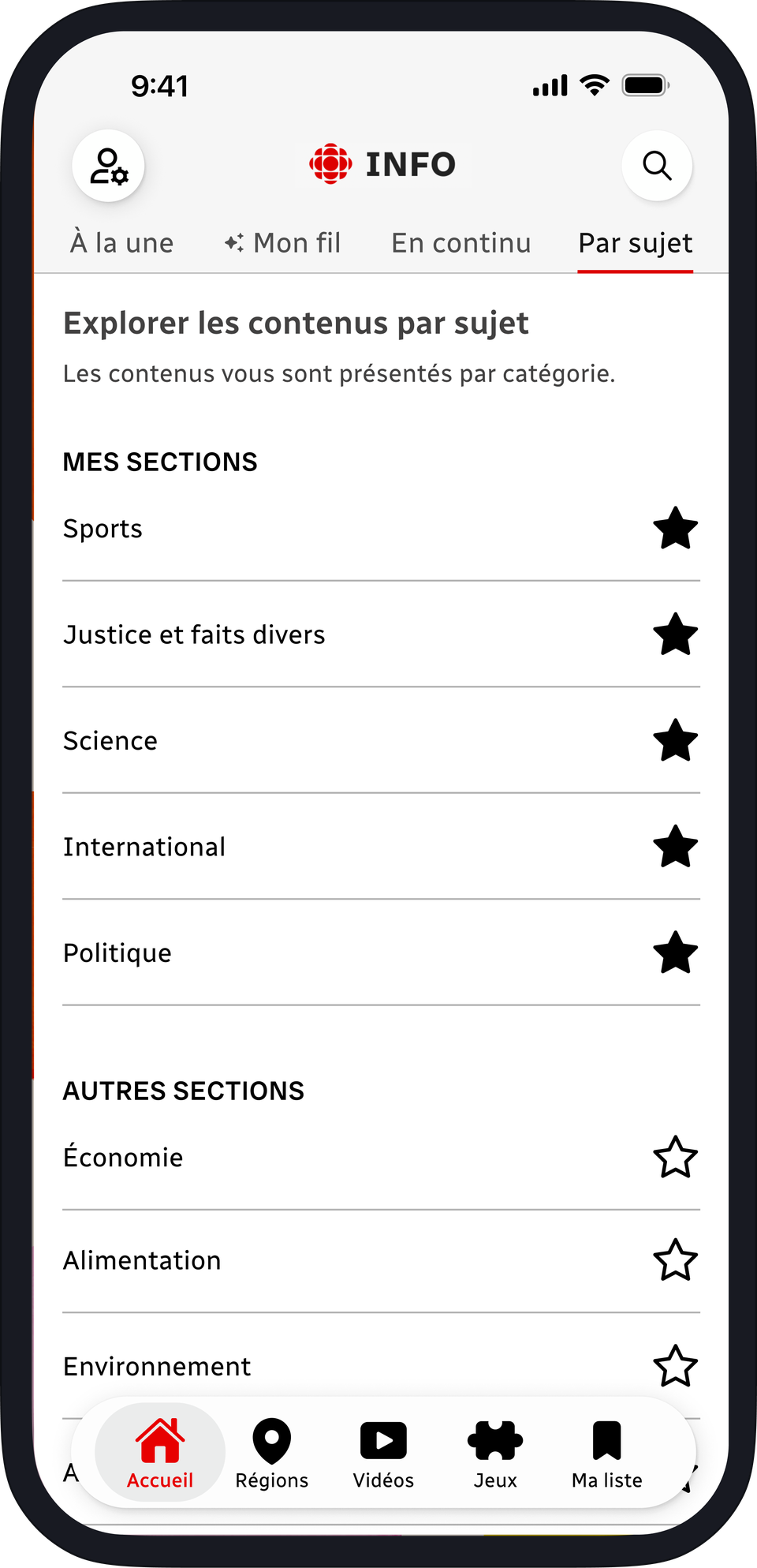 Recommandation : nouvelle navigation par sujet avec sections à mettre en favoris