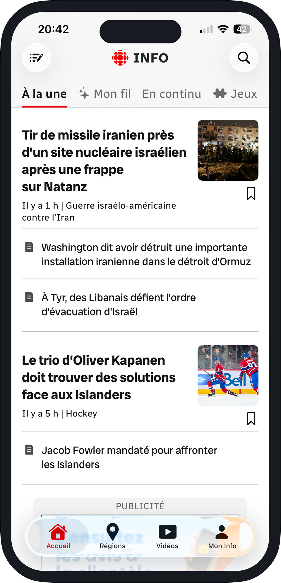 Barres de navigation actuelles : menu du haut défilant et barre du bas limitée