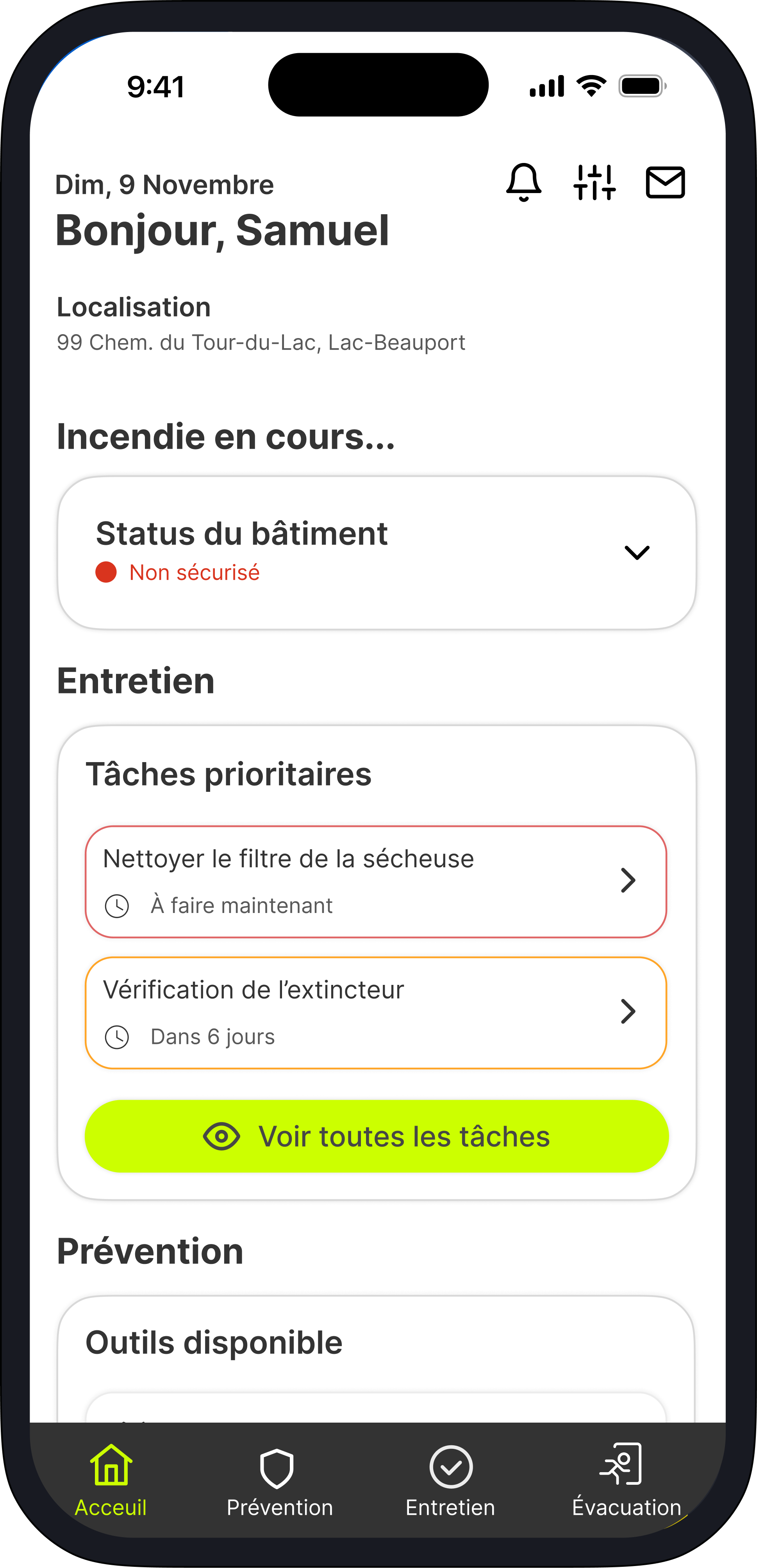 Safeway, tableau de bord de l'application